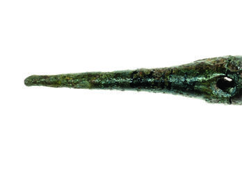 Toggle Pin Bronze pin decorated with ribbing.