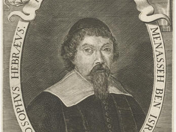 Portrait print of man in skullcap and beard with Latin text in oval frame, Latin text below, and small illustration of man with walking stick and Hebrew book above. 