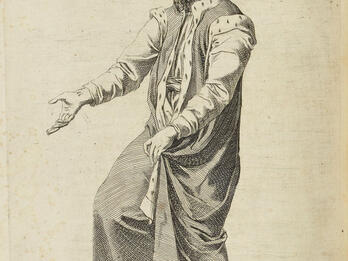 Drawing of man in hat stepping with one arm outstretched and the other grasping the hem of his robes with French heading.