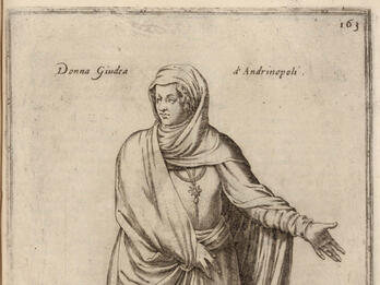 Print of standing woman wearing necklace and robes with head covering and Italian heading.