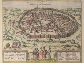 Map of Jerusalem Print of walled city surrounded by hills, and two figures in forefront, with Latin text above and below image.