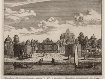House of David de Pinto Print of river with boats in foreground and house and trees behind wall in background.