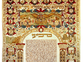 Ketubah with a Depiction of Jerusalem Page of Aramaic text surrounded by many images and decorations, including zodiac symbols, scenes of figures and animals, cherubs, Hebrew words around margins, and vines and flowers.