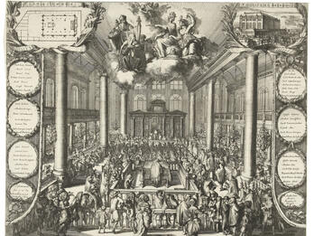The Esnoga (Portuguese Synagogue) in Amsterdam Print depicting crowded interior of room with tall ceiling, chandelier, and columns and second floor balcony along perimeter of room, a floorplan in the upper left corner and an exterior view in the upper right corner.