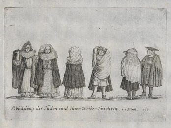 Jewish Clothing from Fürth Drawing of six people wearing various clothing styles, including ruffs, dresses, and cloaks.
