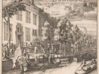 The Amsterdam residence of Baron Manuel de Belmonte (Ishac Nunes de Belmonte) Drawing of angled view of house exterior and canal in front of it, with individuals in boats on canal arriving at the front door.