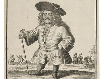Drawing of a man of short stature with long wavy hair and a hat, holding a cane in right hand with left hand on hip, with figures in background and Hebrew and German writing above and below picture.