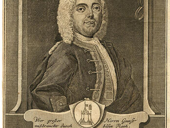 Portrait of Jud Süss Portrait print of man in curly wig and jacket with German caption and small drawing of gallows below portrait.