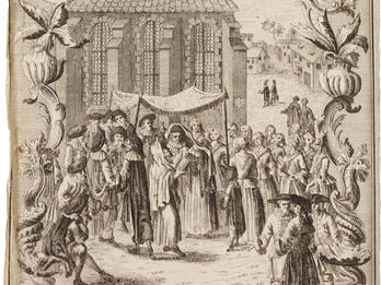 Wedding Ceremony Print of couple under canopy with crowd of people looking, in front of building exterior with tall windows.