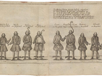 Jewish Robbers Drawing of men in fetters arranged in a line, some with ropes around their necks, and German text above.