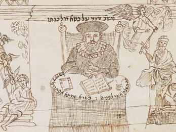 David Oppenheim Drawing of bearded man wearing collar and hat seated at table with books, framed by two columns with images of angels, and Hebrew text above his head.
