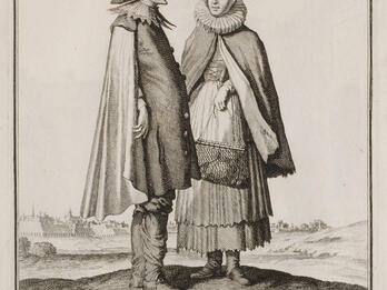 Jewish Man and Woman from Frankfurt Print of man in cloak, hat, lace collar, and high boots, and woman dressed in cloak, winged bonnet, ruff collar, full skirt, and bodice, holding a large purse, with city landscape in the background.