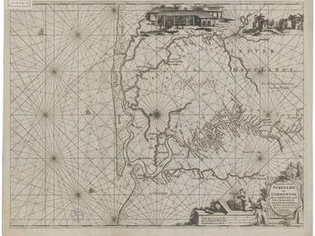 Map of Suriname Map depicting rivers and settlements, an image of a large building with a waterwheel, and an image of small huts with palm trees at the top and two cherubs with Dutch text.