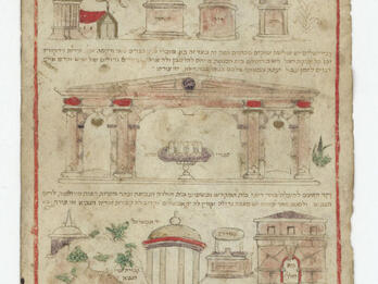 Manuscript page with 3 rows of illustrations of parts of buildings with Hebrew text above.