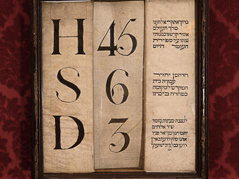 Framed piece of paper with three columns of text: single letters in left column, numbers in middle column, and Hebrew text in right column. 