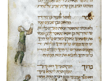 Haggadah Manuscript page with Hebrew text and illustration of person with hands clasped in left margin, and people eating at a table in bottom margin.
