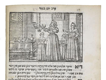 Printed page with Yiddish text below illustration of women and children lighting a hanging lamp next to dining table. 