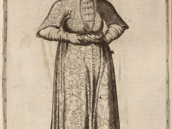 Jewish Women from Adrianople (Edirne) Illustration of woman standing and wearing decorated dress and hat.