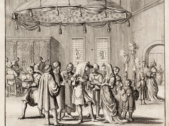 Jewish Wedding Print engraving of indoor scene with people standing around couple under large canopy with musicians in background.