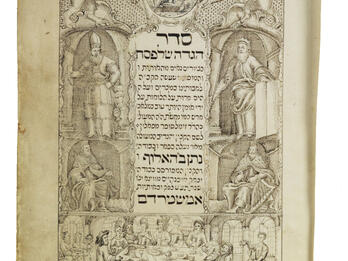 Haggadah Manuscript page with Hebrew text surrounded by illustrations of lions and man with sword at top, rulers on either side of text in the middle, and people seated at dining table at bottom of page.