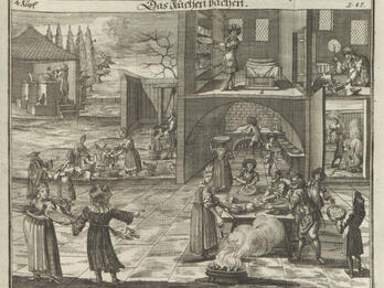Preparing for Passover Print engraving of scenes indoors and outdoors of people cooking in kitchen, cleaning, using oven, and gathering wheat.