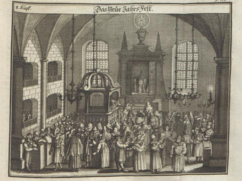 Synagogue Service for the New Year Print engraving of large group of people in room with vaulted ceiling, raised platform on left side, open Torah ark, and balcony.