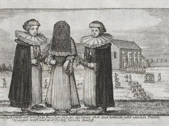 Print engraving of woman in veil flanked by two other women, standing before a stone building. 