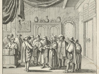 Jewish Divorce Proceedings Print image of men and one woman in room, next to man sitting at raised desk.