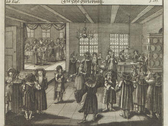 Jewish Betrothal Ceremony Print engraving with groups of people in room talking, with open door to another room in background.