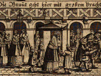 Print engraving of people outdoors around wedding canopy, outside of building.
