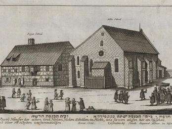 Jewish Wedding at a Synagogue in Fürth Print engraving of two buildings with tile roofs next to each other, one of mostly wood and the other of stone, with several people standing in front of them, and German writing below.