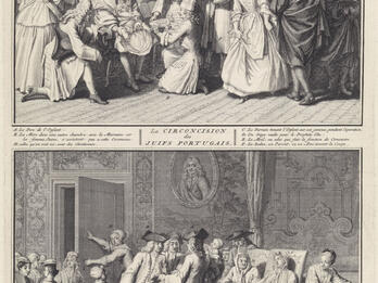 Print of two scenes, both with French text below: the top of baby on man's lap surrounded by people with bed in background, the bottom showing many people in ornate room with baby crib. 
