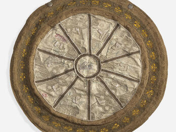 Silk Bag for Eruv Bread Cloth circular bag embroidered with radial sections and designs.