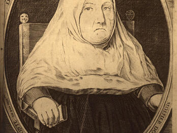 Portrait with circular border of seated older woman wearing wimple and stern expression and holding book in right hand, with Portuguese and Hebrew text below and around portrait. 