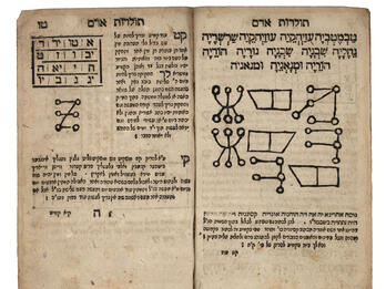 Toledot Adam (The Generations of Adam) Facing-page Hebrew manuscript with charts with Hebrew letters on left side, and geometric drawings on right side.