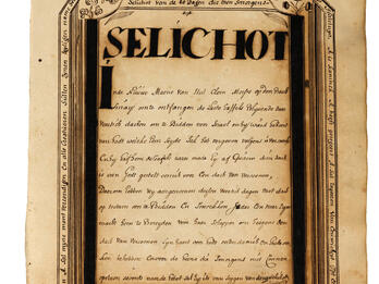 Manuscript page of Dutch text framed in lined border with illustrations of birds and flowers on top and Dutch words around frame.