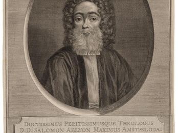 Portrait of Solomon Ayllon (1660/64–1728), Chief Rabbi of the Sephardic Congregations in London and Amsterdam from 1700 to 1728 Print portrait of man with curly wig and beard in oval frame, and Latin and Hebrew text below.