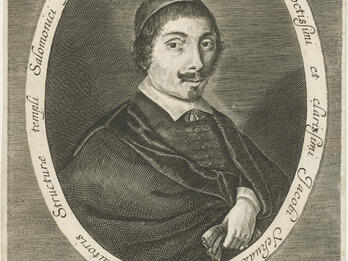 Portrait of Jacob Judah Leon Templo Print of man in moustache and skullcap facing viewer and holding cloth in left hand, encircled by Latin text. Beneath his portrait is an unraveled scroll with illustration of figures and large buildings.