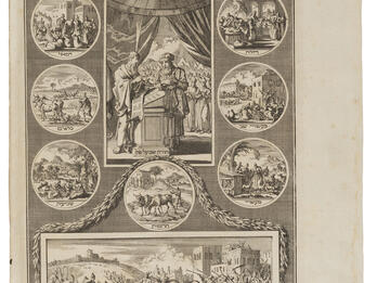 Print with central rectangular scene of men at podium surrounded by ten circles with images of figures and animals, and scene at bottom of large crowd outside city. 