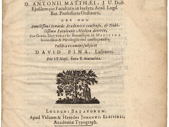 Disputatio medica inauguralis, de pleuritide (Inaugural Medical Discourse: On Pleuritide) Manuscript page with Latin text and small illustration of man standing beneath a tree.