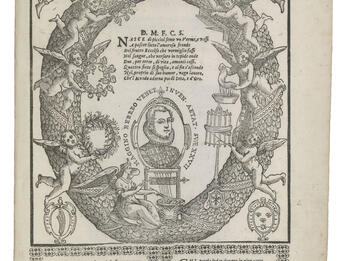 Dialoghi di m. Magino Gabrielli Hebreo, sopra l’utile sue inventioni circa la seta (Dialogues of Magino Gabrielli, Hebrew, On the Utility of His Inventions in Silk Production) Printed page of Latin text, with portrait of man in center, surrounded by wreath with cherubs, and Latin text in decorative frame below.