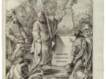 Printed page with male figures in various poses with one pointing to a sculpture in the background of seated figure on pedestal with Latin text on it. 