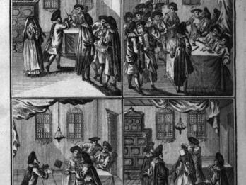 Jewish Divorce Proceedings Print of four panels of people talking in interior spaces.
