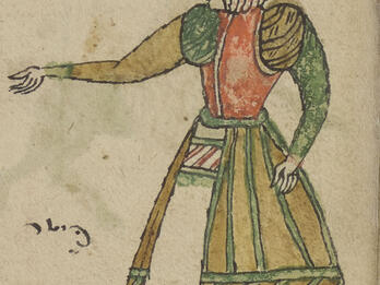 Jewish Woman Drawing of woman in profile wearing dress and hat and Hebrew writing on her left.
