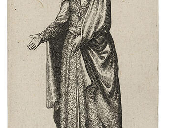A Jewish Woman from Thrace Print of standing woman wearing long shawl and dress.