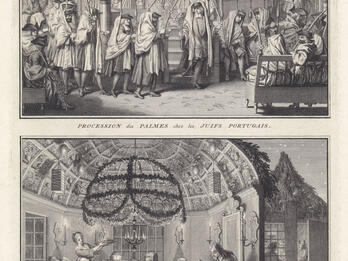 Sukkot Celebrations Print of two scenes: top shows a procession of men in prayer shawls holding branches through a synagogue. Bottom shows a group of people eating at a table in a tabernacle.