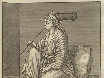 Jewish woman in Cairo Print of seated person in large hat and robes facing to the left smoking a very long pipe.