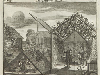 Sukkot Print of several tabernacles with people inside in the foreground and a bonfire in the background.