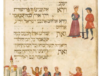 Chantilly Haggadah Manuscript page with Hebrew text of illustrations of figures outside a castle on bottom and a man and woman separated by sword on the right.