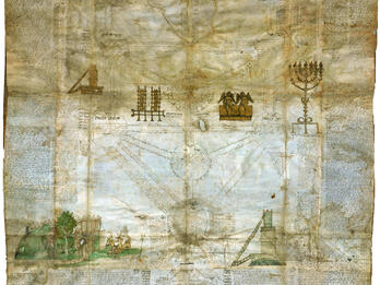 Sefirotic Tree Manuscript page with Hebrew writing arranged in the form of a tree, with drawings of candelabrum, cherubs, and table in center, and drawing of dragon and figures on bottom left of the page.